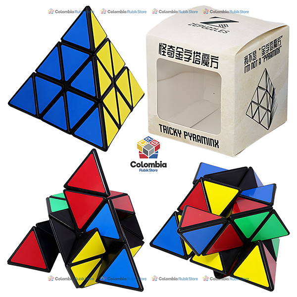ZePuzzles Tricky Pyraminx Four Colors, rompecabezas con forma de Pyraminx, giro en centros de borde y diseño shape-shifting.
